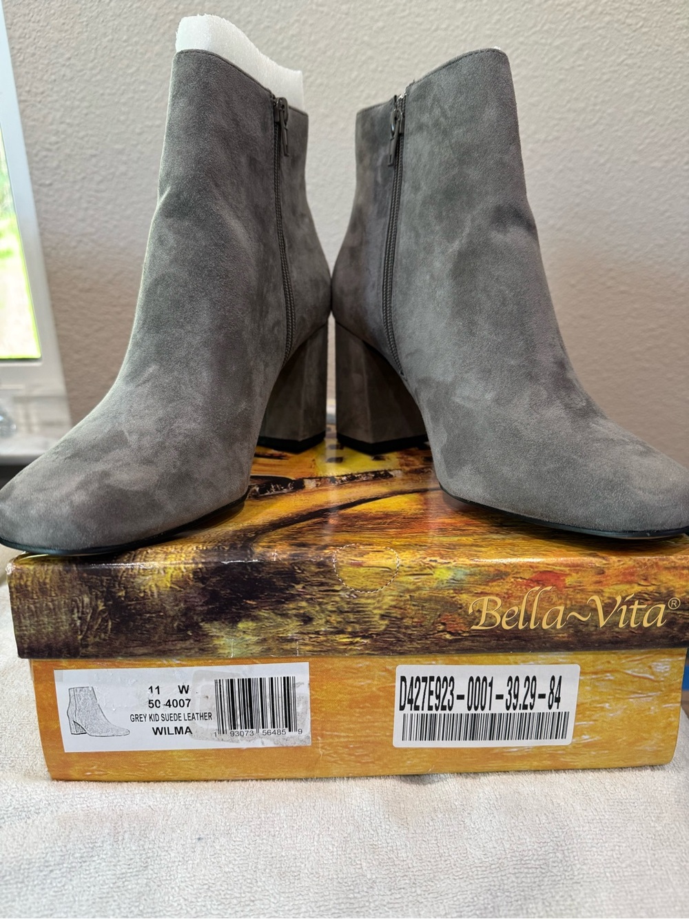 Bella Vita Wilma Gray Suede Block Heel Ankle Booties